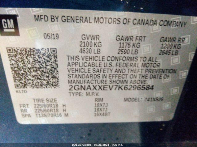 Photo 8 VIN: 2GNAXXEV7K6296584 - CHEVROLET EQUINOX 