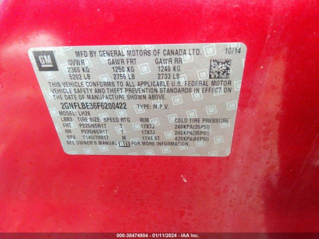 Photo 8 VIN: 2GNFLBE36F6200422 - CHEVROLET EQUINOX 