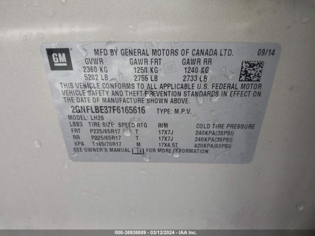 Photo 8 VIN: 2GNFLBE37F6165616 - CHEVROLET EQUINOX 