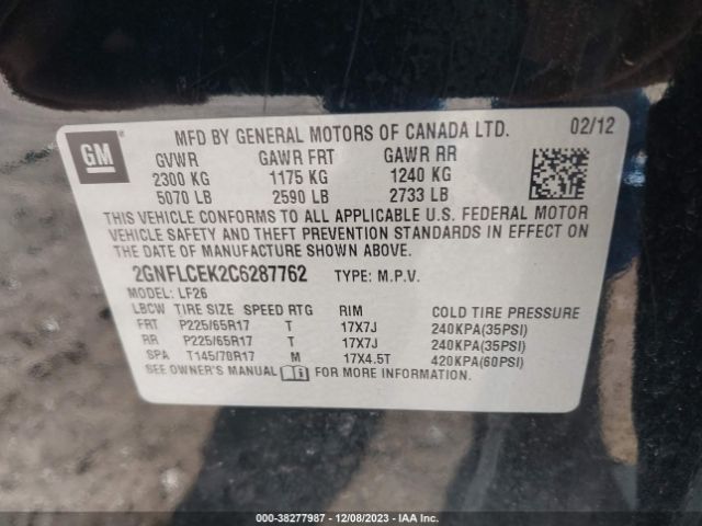 Photo 8 VIN: 2GNFLCEK2C6287762 - CHEVROLET EQUINOX 