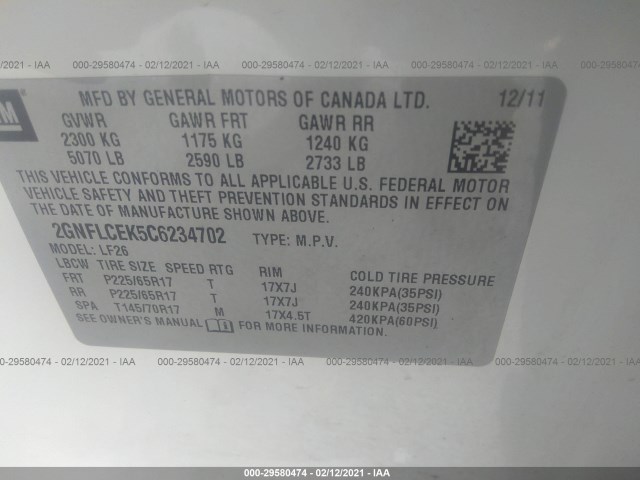 Photo 8 VIN: 2GNFLCEK5C6234702 - CHEVROLET EQUINOX 