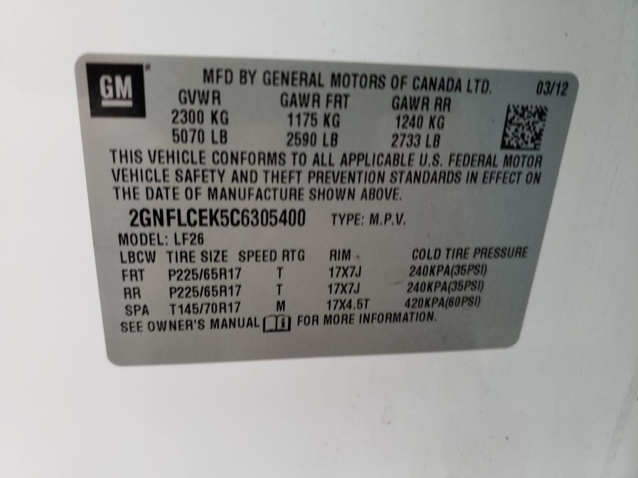 Photo 12 VIN: 2GNFLCEK5C6305400 - CHEVROLET EQUINOX 