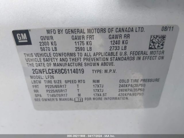 Photo 8 VIN: 2GNFLCEK8C6114019 - CHEVROLET EQUINOX 