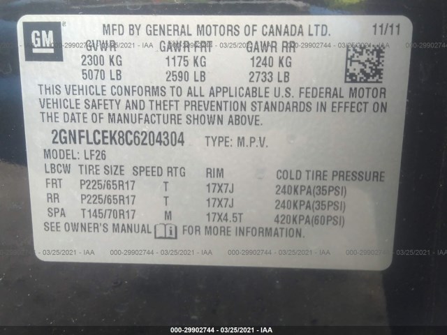 Photo 8 VIN: 2GNFLCEK8C6204304 - CHEVROLET EQUINOX 