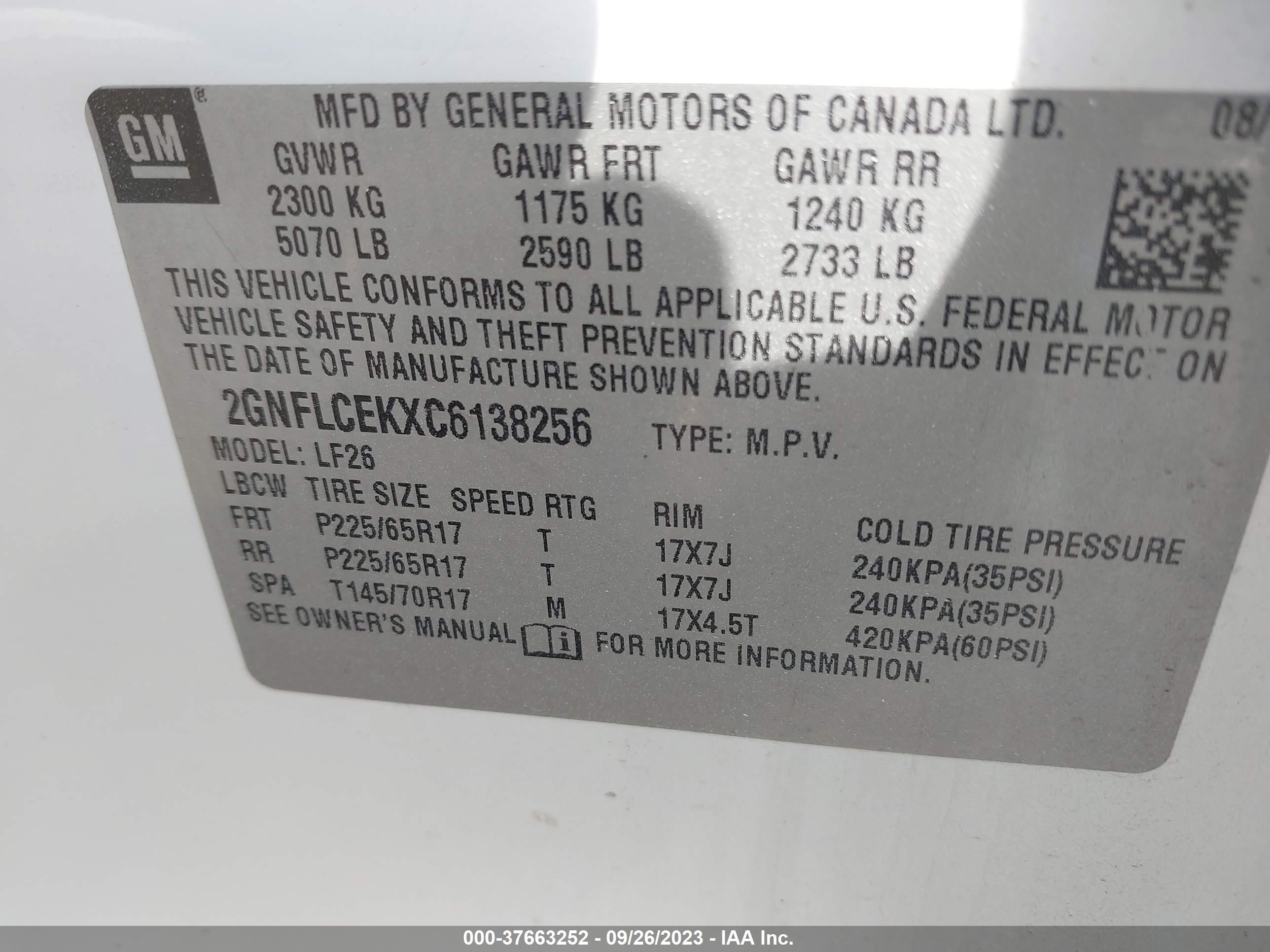 Photo 8 VIN: 2GNFLCEKXC6138256 - CHEVROLET EQUINOX 