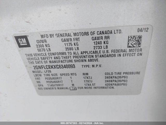 Photo 8 VIN: 2GNFLCEKXC6340093 - CHEVROLET EQUINOX 