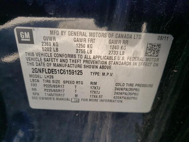 Photo 9 VIN: 2GNFLDE51C6159125 - CHEVROLET EQUINOX LT 