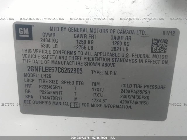 Photo 8 VIN: 2GNFLEE57C6252303 - CHEVROLET EQUINOX 