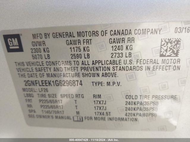 Photo 8 VIN: 2GNFLEEK1G6296874 - CHEVROLET EQUINOX 