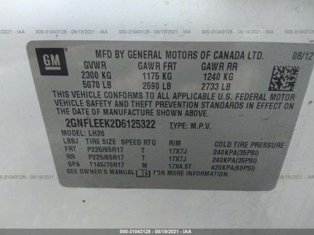 Photo 8 VIN: 2GNFLEEK2D6125322 - CHEVROLET EQUINOX 