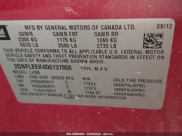 Photo 8 VIN: 2GNFLEEK4D6137858 - CHEVROLET EQUINOX 