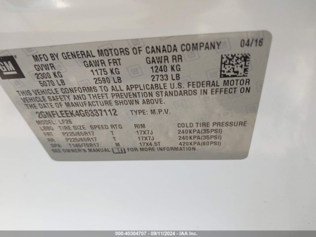 Photo 8 VIN: 2GNFLEEK4G6337112 - CHEVROLET EQUINOX 