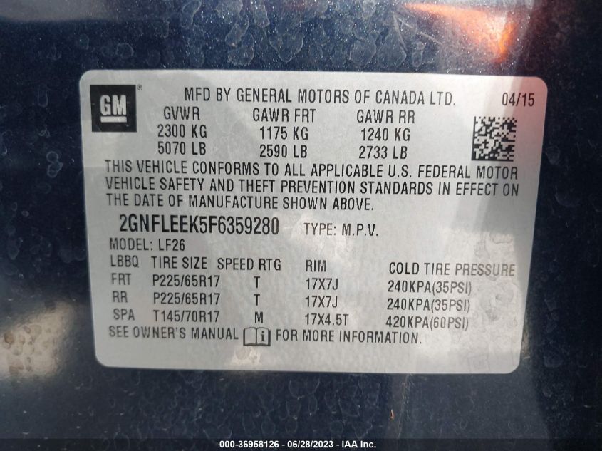 Photo 8 VIN: 2GNFLEEK5F6359280 - CHEVROLET EQUINOX 