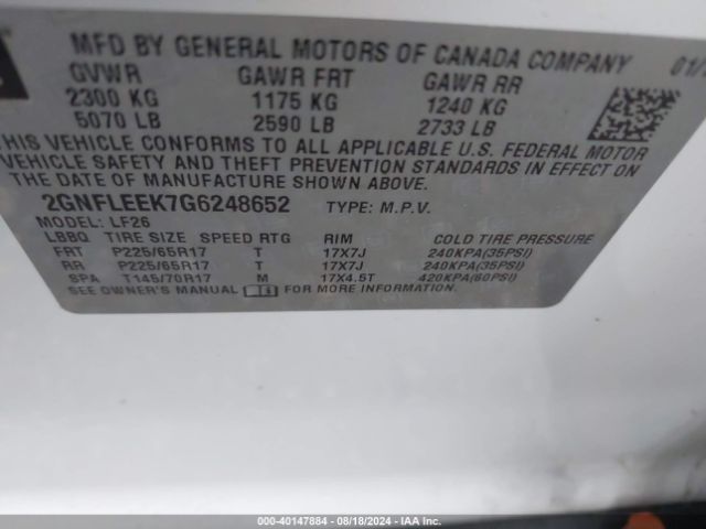 Photo 8 VIN: 2GNFLEEK7G6248652 - CHEVROLET EQUINOX 