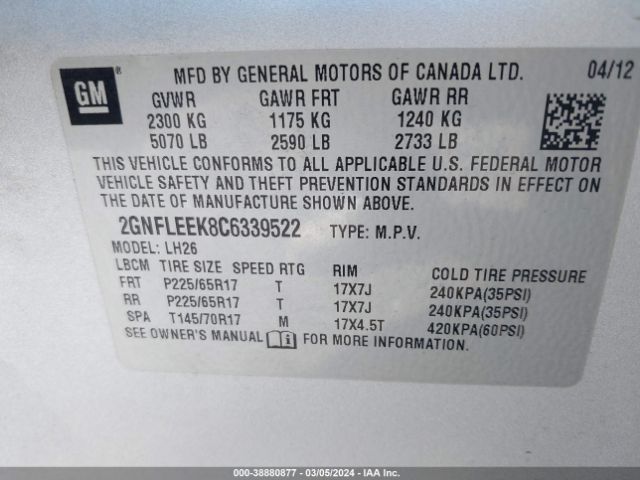 Photo 8 VIN: 2GNFLEEK8C6339522 - CHEVROLET EQUINOX 