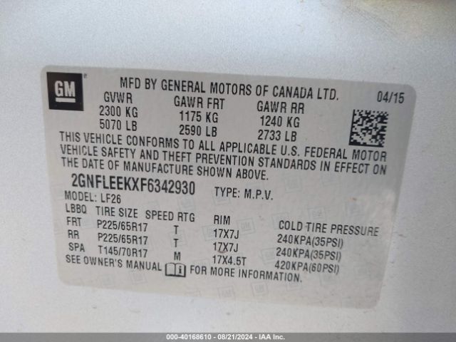 Photo 8 VIN: 2GNFLEEKXF6342930 - CHEVROLET EQUINOX 