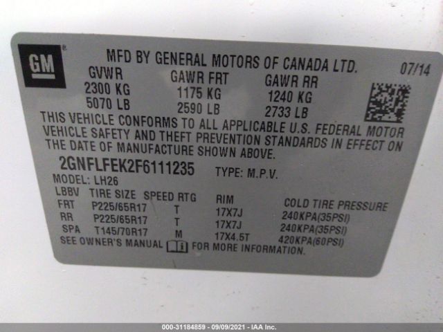 Photo 8 VIN: 2GNFLFEK2F6111235 - CHEVROLET EQUINOX 