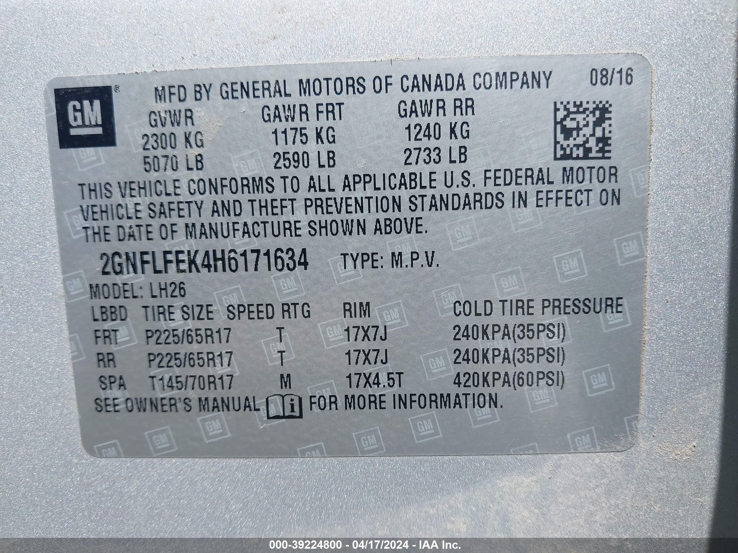 Photo 4 VIN: 2GNFLFEK4H6171634 - CHEVROLET EQUINOX 