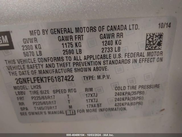 Photo 8 VIN: 2GNFLFEK7F6187422 - CHEVROLET EQUINOX 