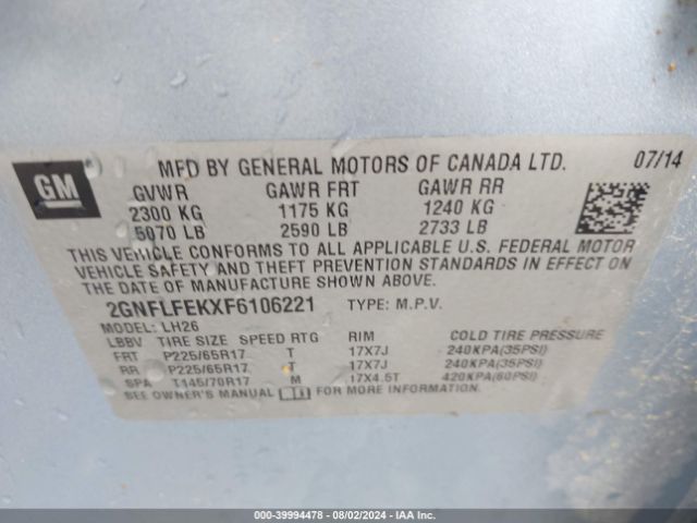 Photo 8 VIN: 2GNFLFEKXF6106221 - CHEVROLET EQUINOX 