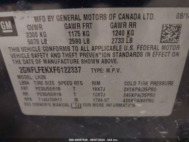 Photo 8 VIN: 2GNFLFEKXF6122337 - CHEVROLET EQUINOX 