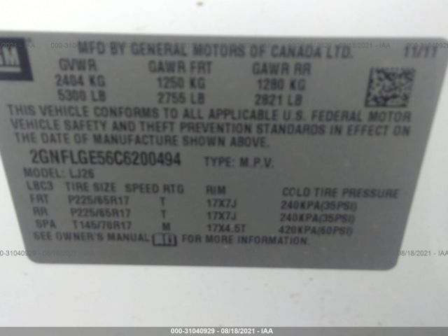 Photo 8 VIN: 2GNFLGE56C6200494 - CHEVROLET EQUINOX 