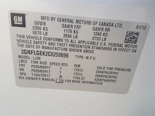 Photo 9 VIN: 2GNFLGEK2C6250699 - CHEVROLET EQUINOX LT 