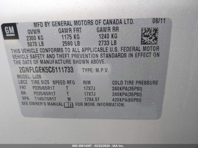 Photo 8 VIN: 2GNFLGEK5C6111733 - CHEVROLET EQUINOX 