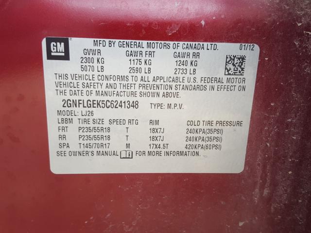 Photo 9 VIN: 2GNFLGEK5C6241348 - CHEVROLET EQUINOX LT 