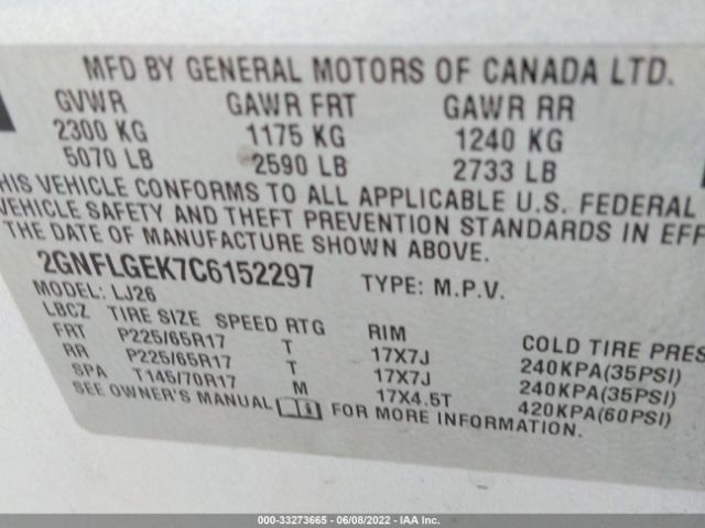 Photo 8 VIN: 2GNFLGEK7C6152297 - CHEVROLET EQUINOX 