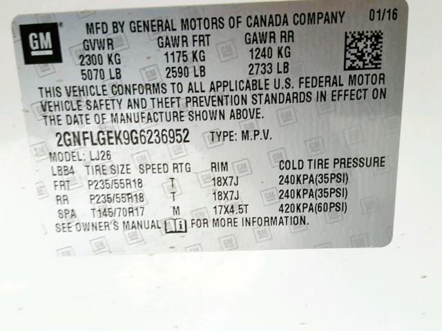 Photo 9 VIN: 2GNFLGEK9G6236952 - CHEVROLET EQUINOX LT 