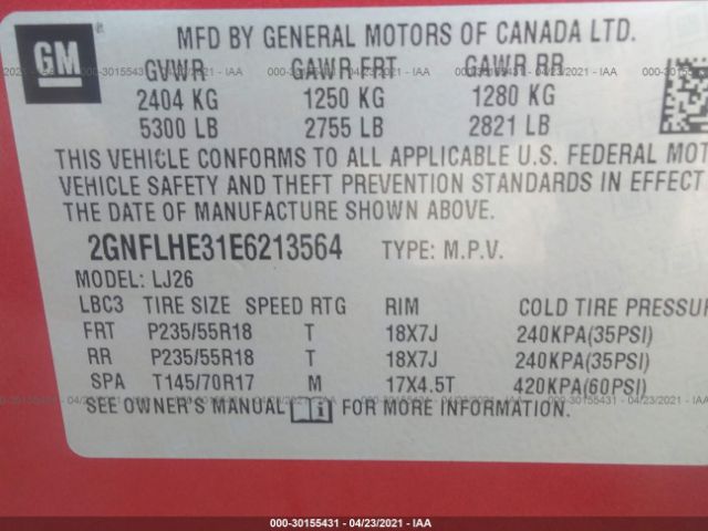 Photo 8 VIN: 2GNFLHE31E6213564 - CHEVROLET EQUINOX 