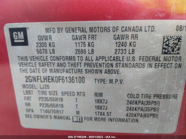 Photo 8 VIN: 2GNFLHEK0F6136100 - CHEVROLET EQUINOX 