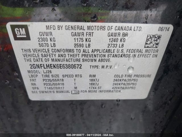 Photo 8 VIN: 2GNFLHEK6E6380672 - CHEVROLET EQUINOX 