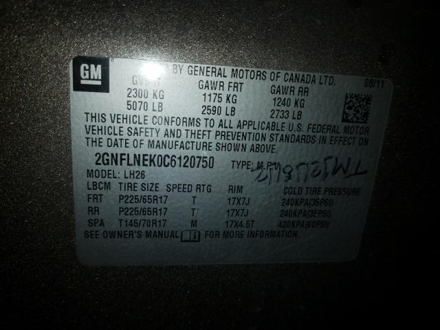 Photo 9 VIN: 2GNFLNEK0C6120750 - CHEVROLET EQUINOX LT 