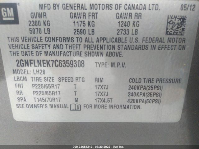 Photo 8 VIN: 2GNFLNEK7C6359308 - CHEVROLET EQUINOX 