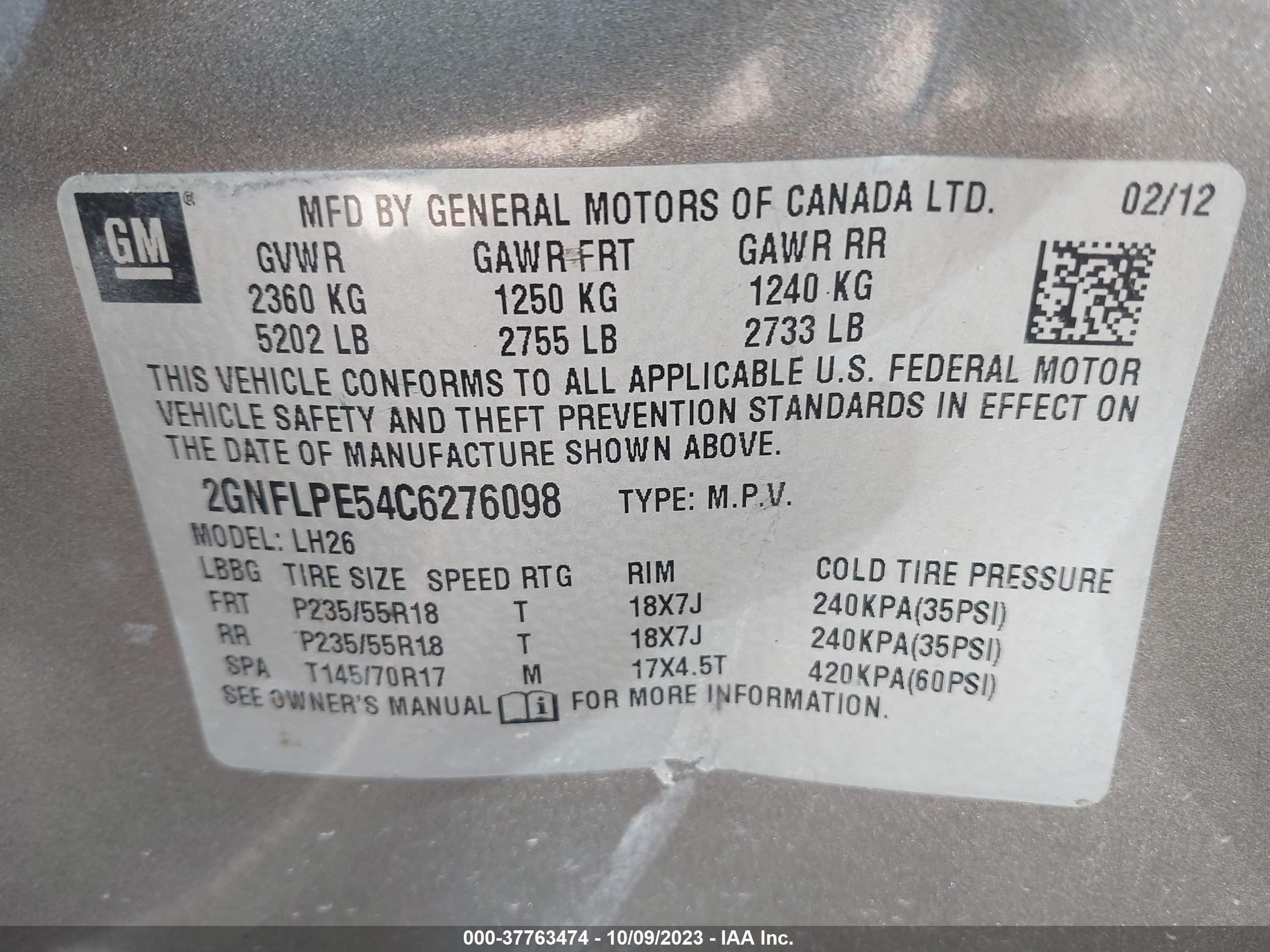 Photo 8 VIN: 2GNFLPE54C6276098 - CHEVROLET EQUINOX 