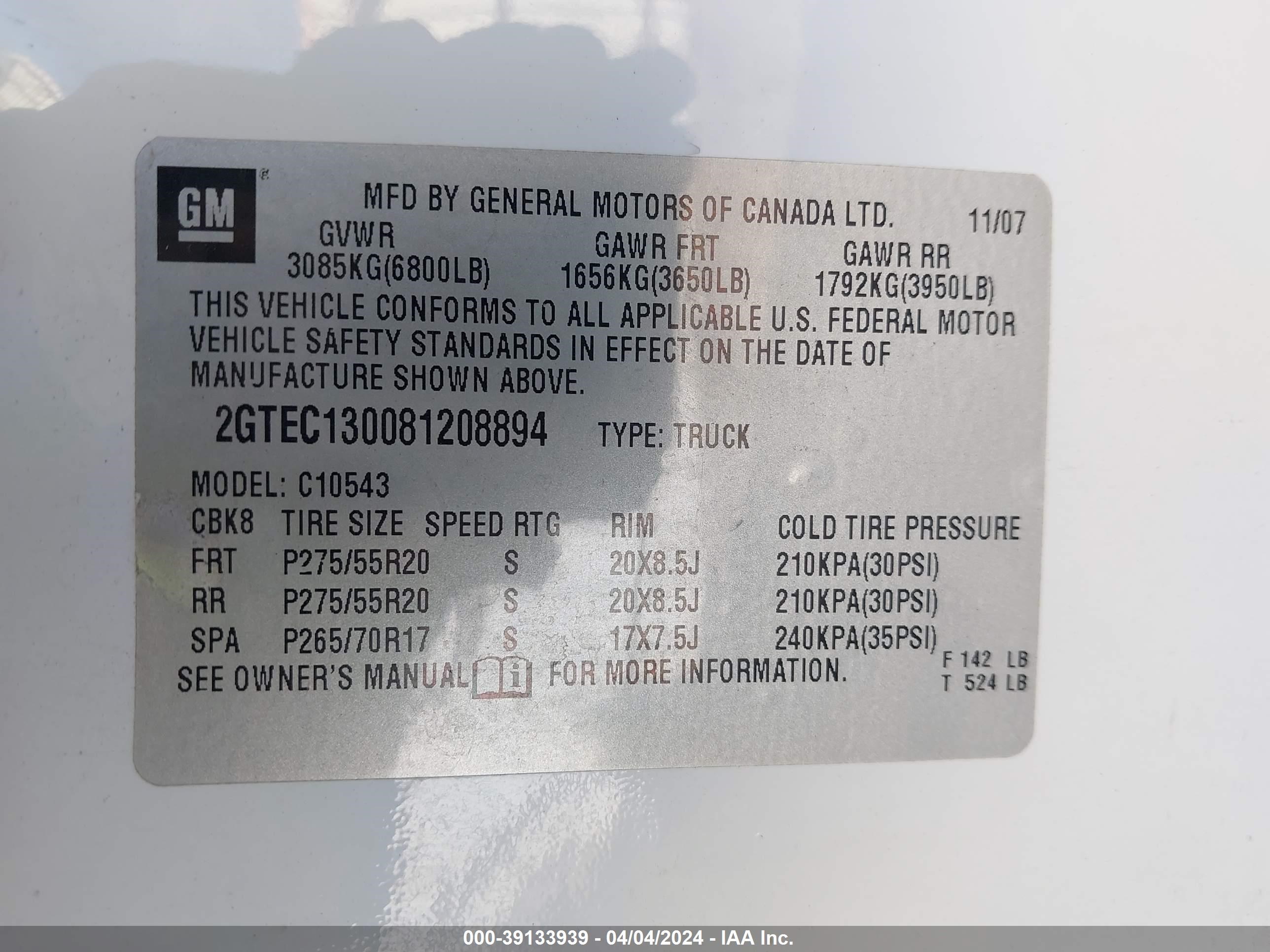 Photo 8 VIN: 2GTEC130081208894 - GMC SIERRA 