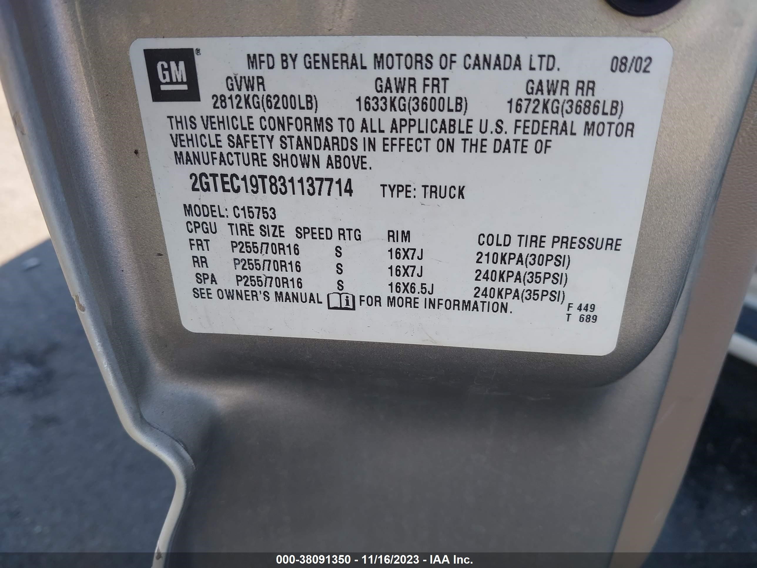 Photo 8 VIN: 2GTEC19T831137714 - GMC SIERRA 