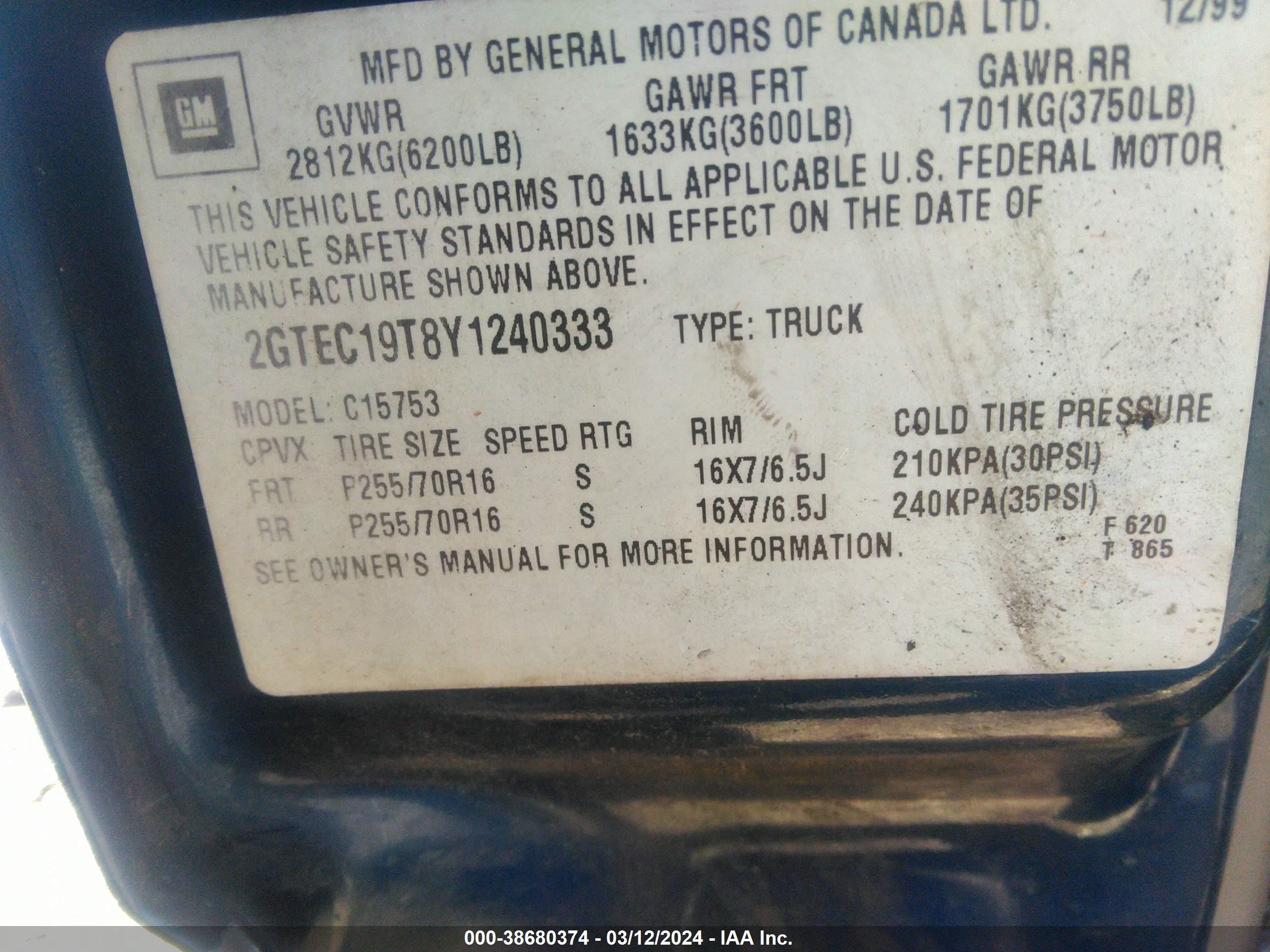 Photo 8 VIN: 2GTEC19T8Y1240333 - GMC SIERRA 