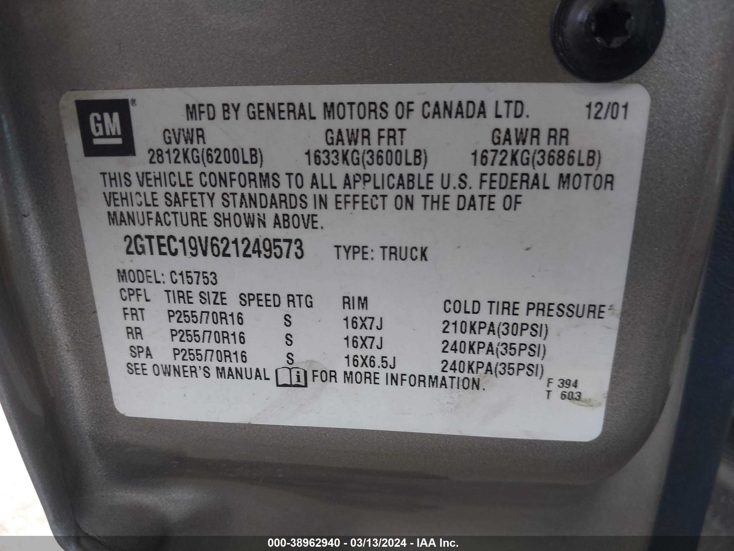 Photo 8 VIN: 2GTEC19V621249573 - GMC SIERRA 