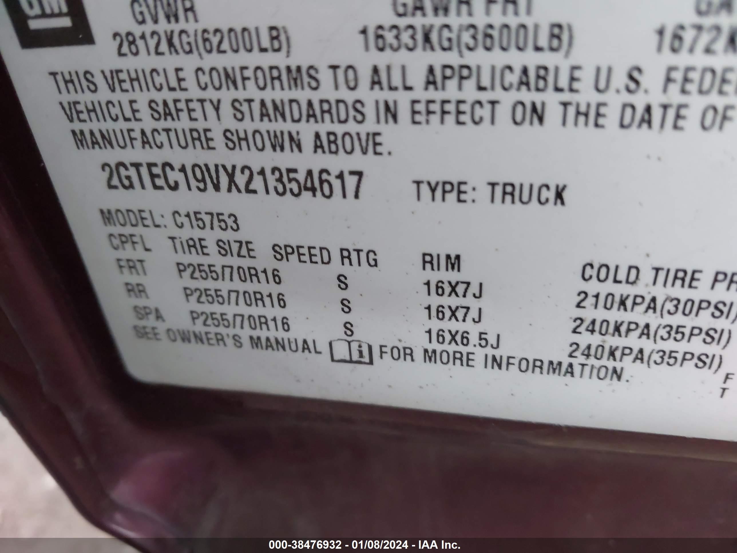 Photo 8 VIN: 2GTEC19VX21354617 - GMC SIERRA 