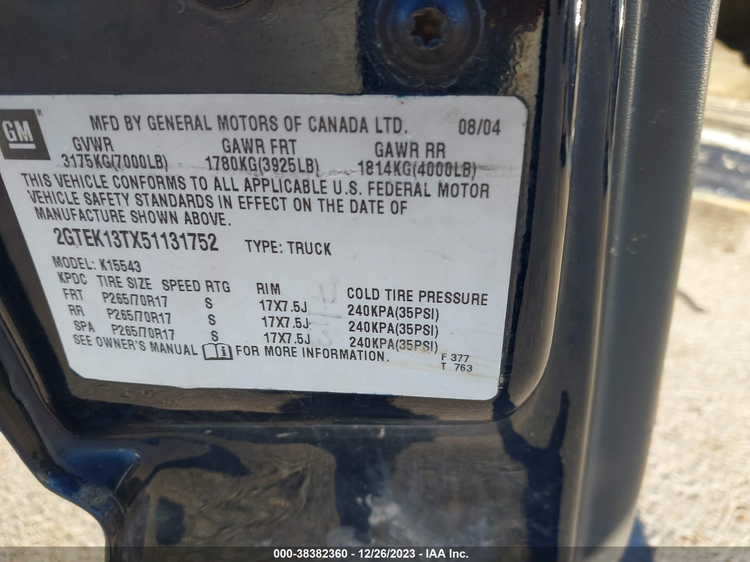 Photo 8 VIN: 2GTEK13TX51131752 - GMC SIERRA 