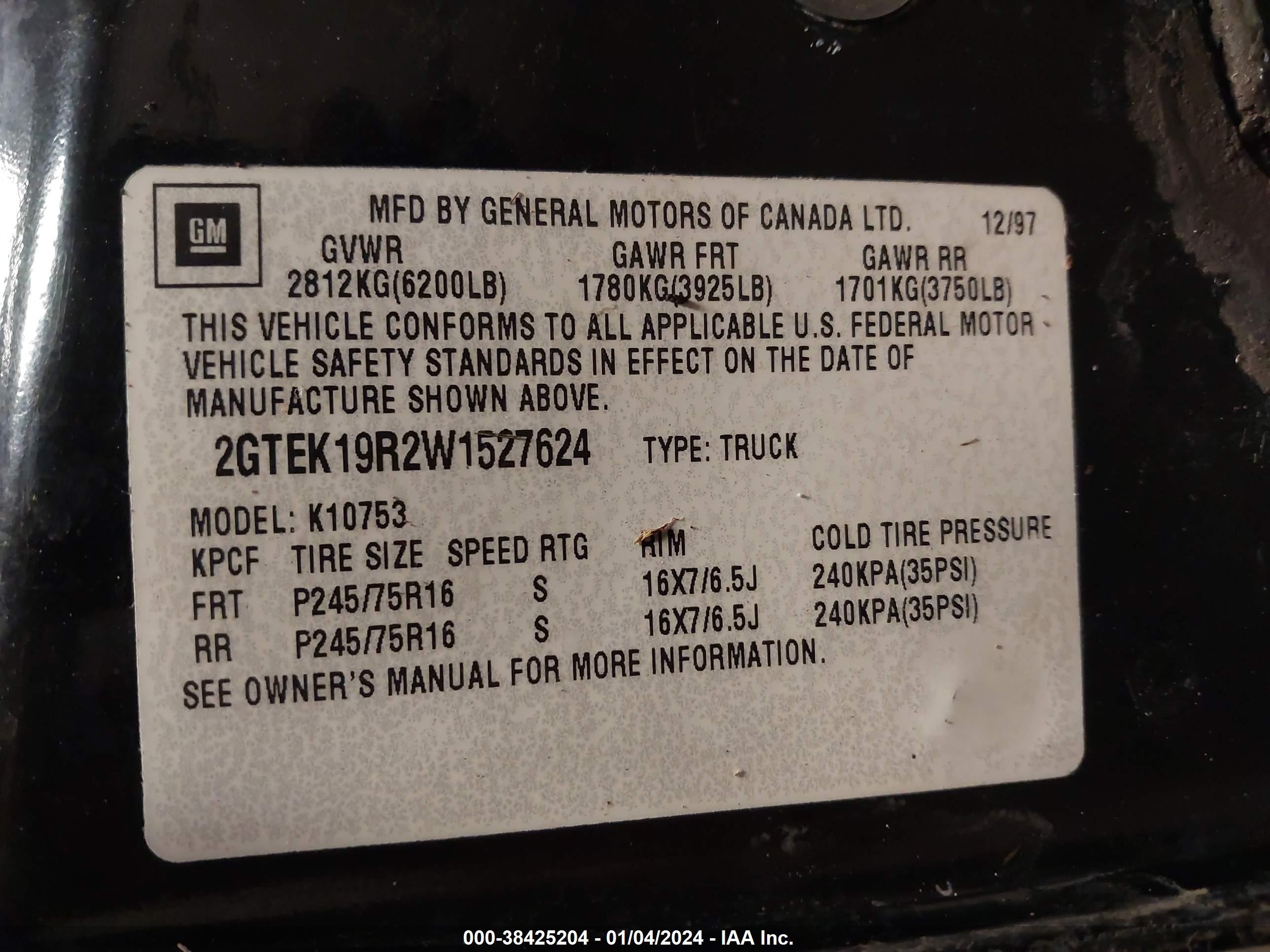 Photo 8 VIN: 2GTEK19R2W1527624 - GMC SIERRA 