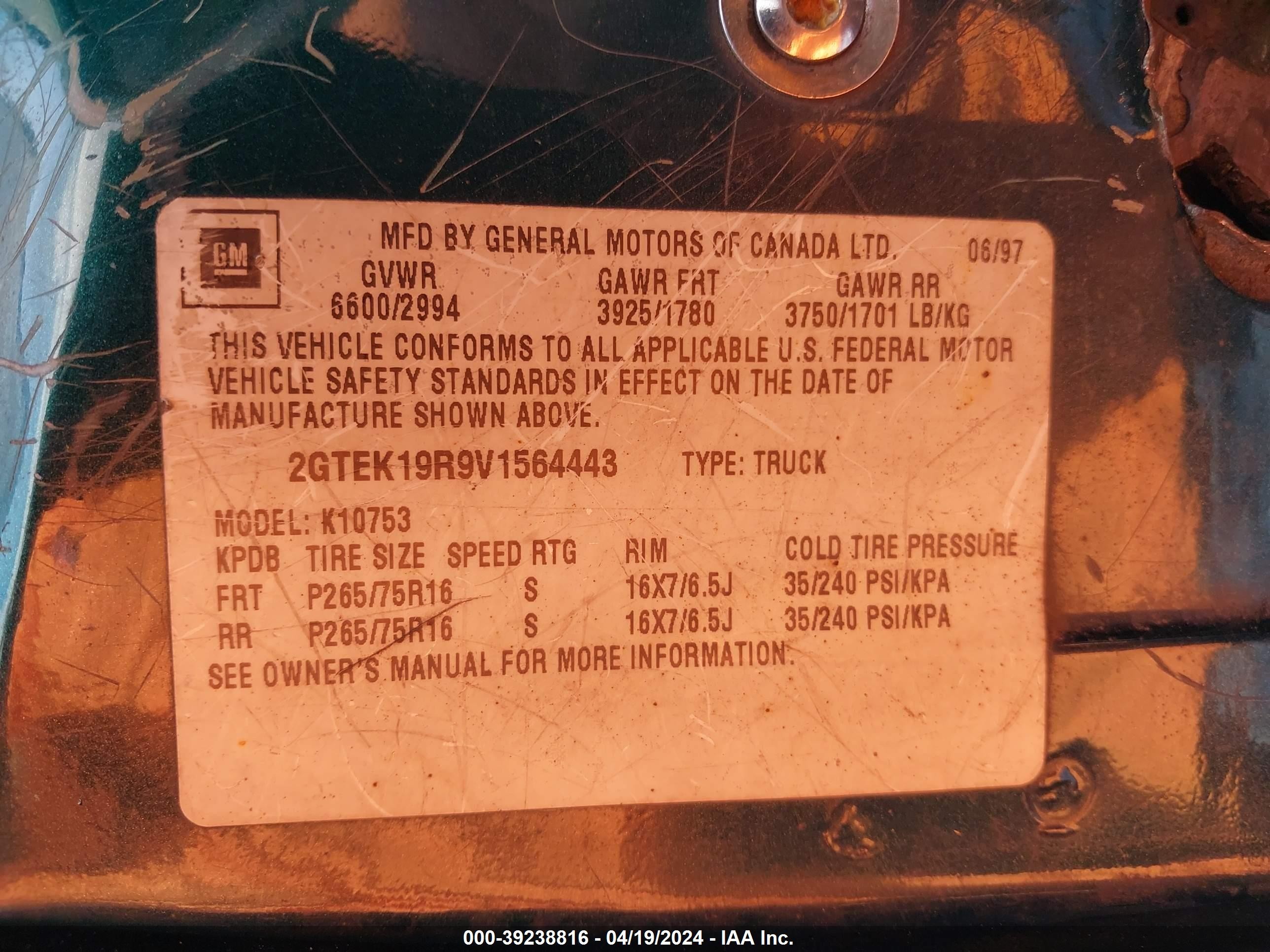 Photo 8 VIN: 2GTEK19R9V1564443 - GMC SIERRA 