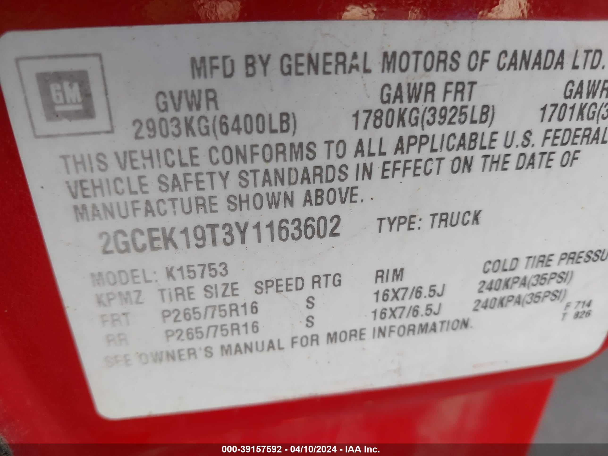 Photo 8 VIN: 2GTEK19T3Y1163602 - GMC SIERRA 