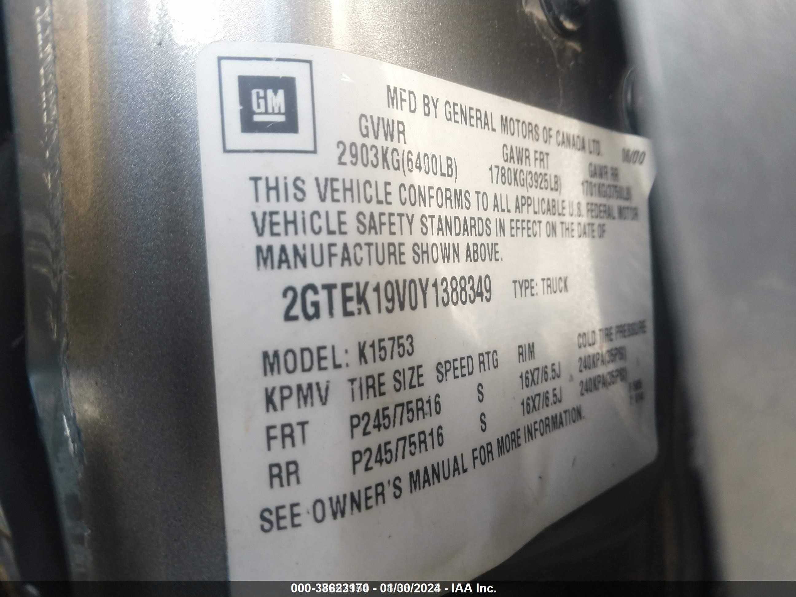 Photo 9 VIN: 2GTEK19V0Y1388349 - GMC SIERRA 