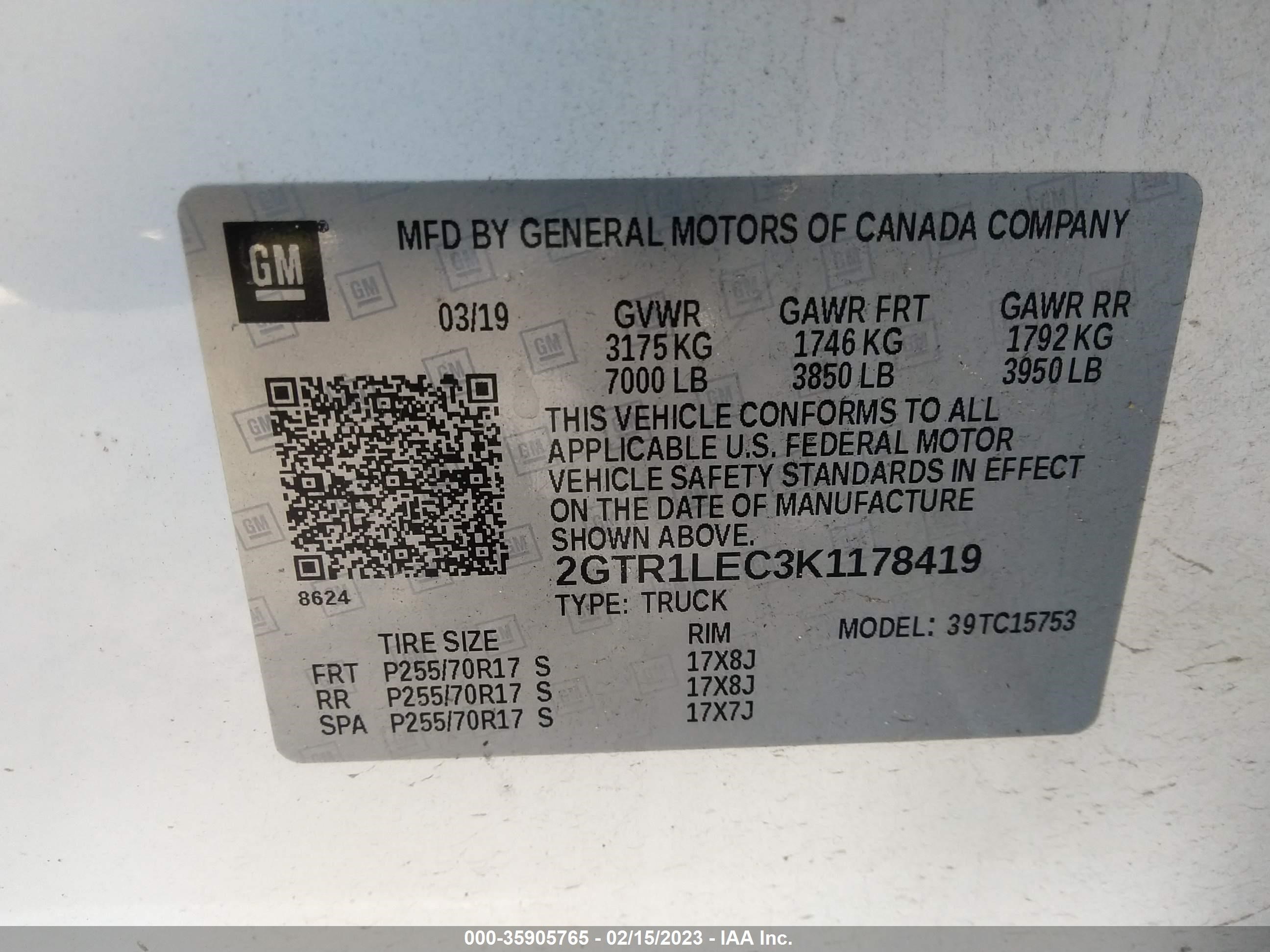 Photo 8 VIN: 2GTR1LEC3K1178419 - GMC SIERRA 