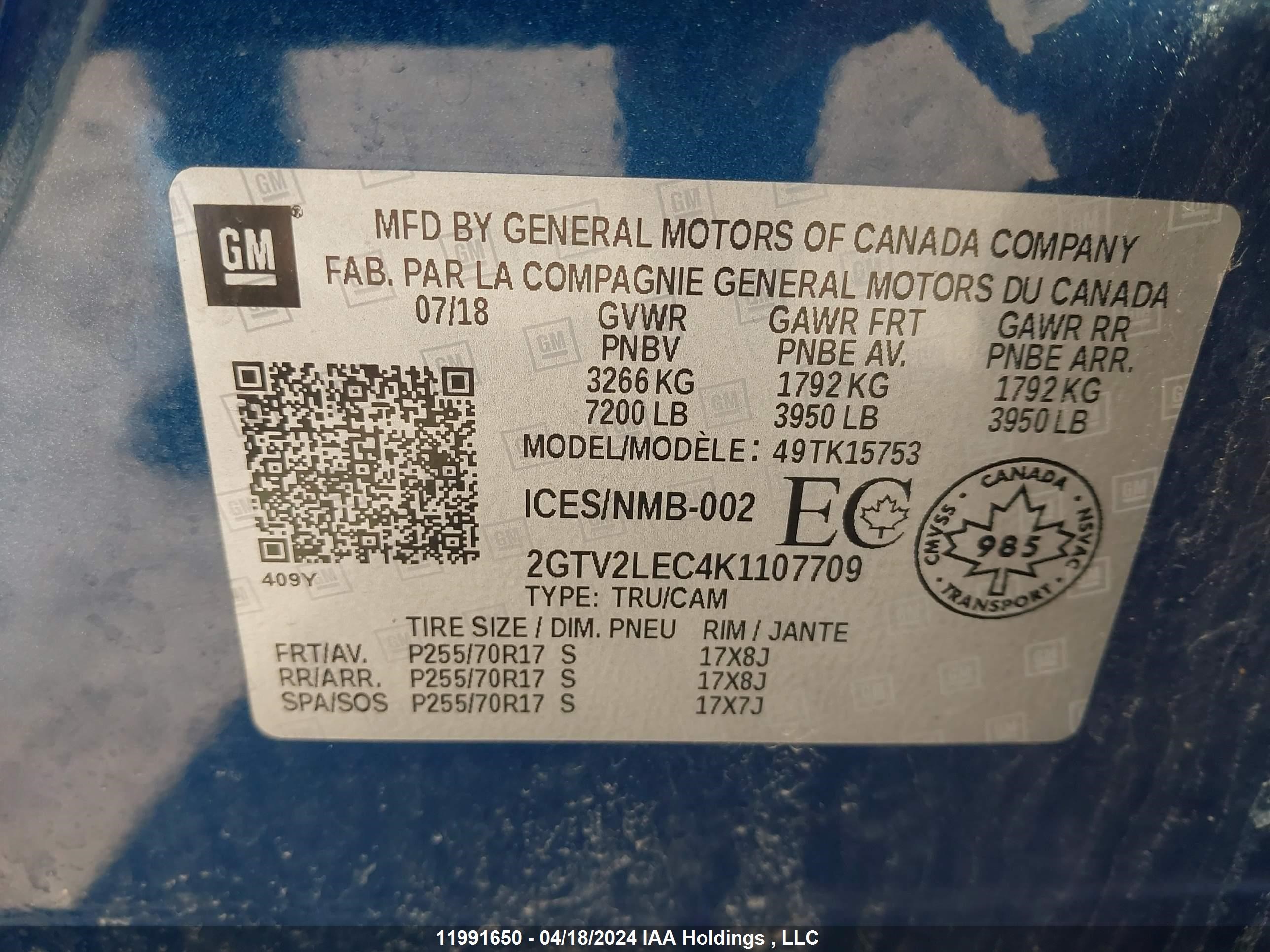 Photo 8 VIN: 2GTV2LEC4K1107709 - GMC SIERRA 