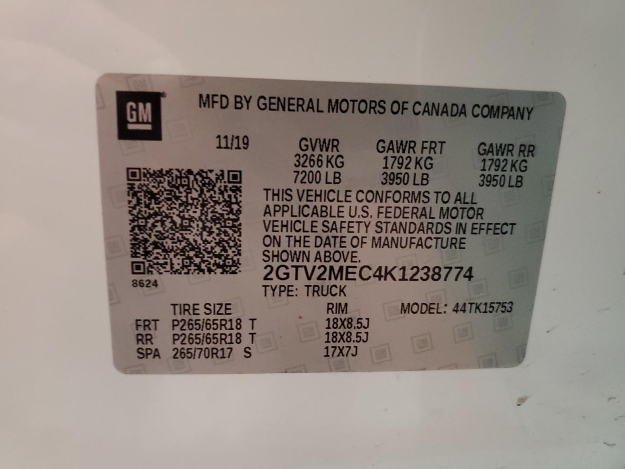 Photo 12 VIN: 2GTV2MEC4K1238774 - GMC SIERRA 